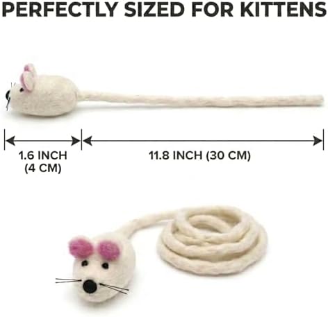 Glaciart One Mini Felt Mouse Cat Toy – Kitten & Small Cat Size, Natural Wool Catnip Toy, Soft Fuzzy Interactive Play Toy for Indoor Kittens, Safe Non-AZO Dyes, 1.4” Body with 12” Tail