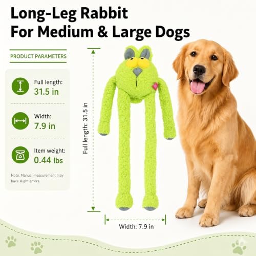 Squeaky Dog Plush Chew Toy, Interactive Tug Squeaky Toy for Chewers, Medium & Large Dogs, 31.5 Inch Stuffed Swinging Rabbit Toy with Stretchable Limbs for Gum Care & Boredom Relief, Neon-Green