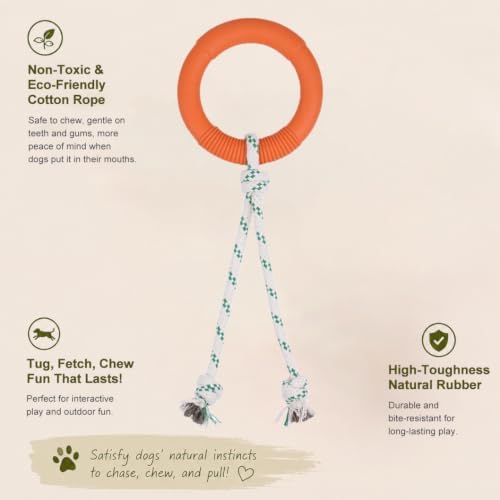 Green Sheep Natural Rubber Dog Chew Toy, Interactive Ring Rope Dog Toy for Tug of War, Durable Dog Toy with Recycled Cotton Rope for Medium to Large Dogs,Orange