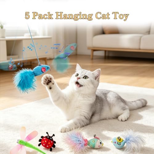 Hanging Door Cat Toy with Elastic String, Interactive Cat Toys for Indoor Cats, Retractable Door Hanging Cat Teaser with Bell/Feather/Plush (Animal Door Hanging 5 Pack)