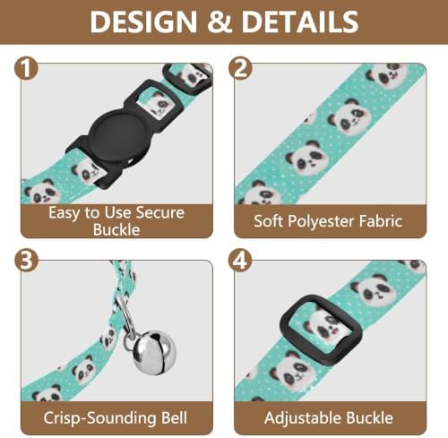 Cute Panda Teal Polka Dots Soft Polyester Pet Collar, 2 Pack Breakaway Cat Collars with Bell