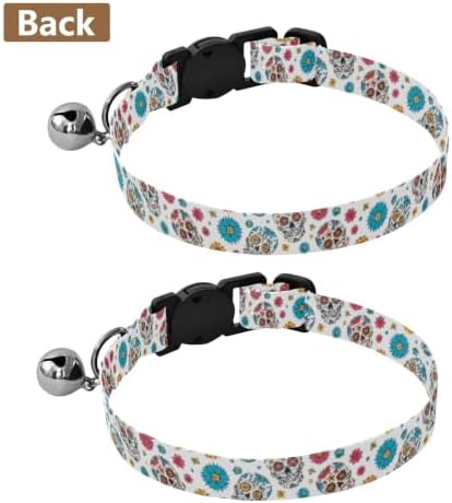 2 Pack Dog Collar Colorful Skulls Floral Flowers White Cat Collar with Bell, Adjustable 10.6 to 17.1 Inches