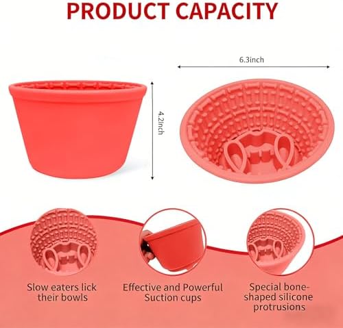 Large Silicone Dog Bowls,Non-Slip Dog Licking Treat Dispenser,Anxiety Relief Slow Feeder Treat Dispenser, Slow Feeder Bowls for Small Medium Large Breed Dogs,BPA Free Silicone(red-4cup).