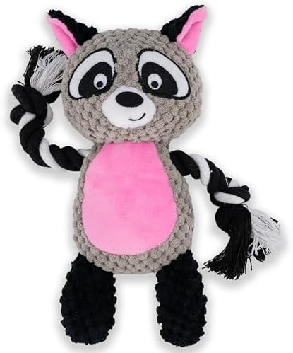 Squeaky Dog Toy Chew Plush Stuffed with Cotton Rope Crinkle Paper Soft Interactive Durable for Small Medium Large Dogs Puppy Pet Coffee Raccoon