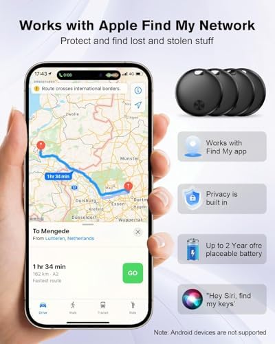 Smart Mini Tracker Tag Item Finder 4Pack [ MFi Certified ] | Compatible with Apple Find My APP (iOS Only), Replaceable Battery, Suitable for Luggage, Bags, Wallets, Backpacks, Keys