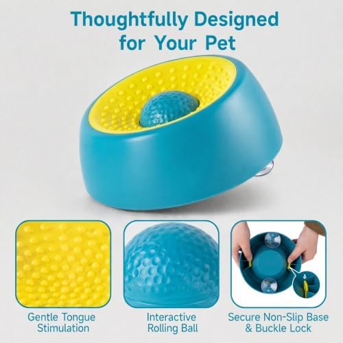 Dog Licking Bowl with Rolling Ball, Interactive Slow Feeder Dog Bowls & Dog Lick Bowl for Boredom Relief, Calming Lick and Roll Bowl for Dogs & Cats with Suction Cups for Wet Food, Peanut Butter