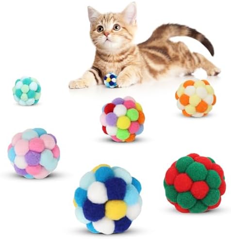 TUSATIY Interactive Cat Ball Toy, 6PCS Fuzzy Kitty Balls with Bells,Cats Pom Pom Balls for Kittens to Keep Busy,Colorful Cat Chew Toys for Indoor Cats