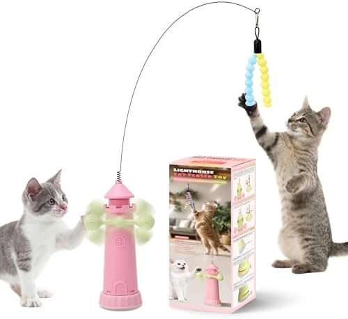 Interactive Cat Toys for Indoor Cats, Windmill Feather Cat Teaser Wand, Bouncy Kitten Toys with Strong Suction Cup Base for Bored Felines & Self-Played Enrichment Pink