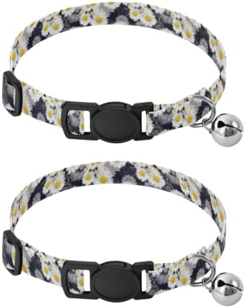 White Daisies Yellow Grey Flowers Bell Collar for Small Dogs 2 Pack Cats Collar Adjustable Length 10.6" to 17.1"