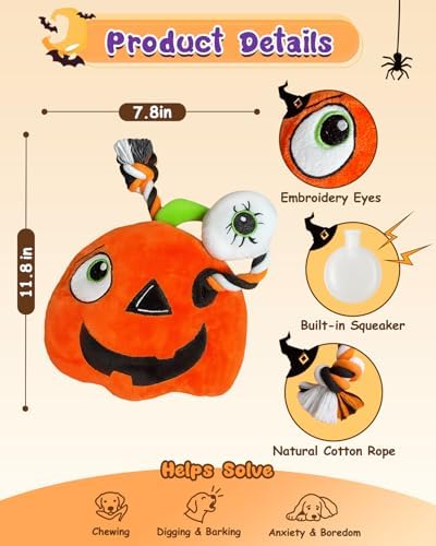 Swooflia Halloween Tug of War Dog Toy-Squeaky Plush Toy with Rope for Medium Large Breed Dogs to Keep Them Busy, Cute Pumpkin Interactive Doggie Toys