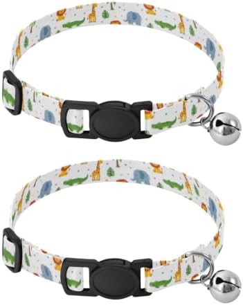Cute Cartoon Safari Animals Cat Collars with Bell 2 Pack Small Dog Collar Adjustable 10.6 to 17.1 Inches