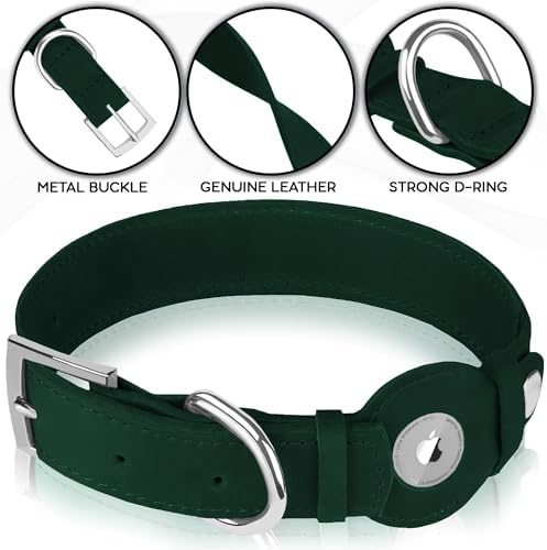 Leather Dog Collar with Airtag Holder - Apple Air Tag Dog Collars - Soft Tracking GPS Pet Collar for Small Medium Large Dogs Breed Puppy (Green, XL, 19"-24" Neck Fit)