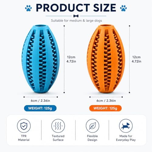 Dog Treat Ball (2 Pack) — Interactive Treat Dispensing Chew Toy for Small, Medium & Large Dogs, Textured Rubber for Dental Cleaning, Boredom & Stress Relief, Blue & Orange