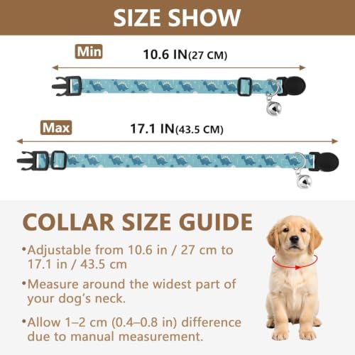 2 Pack Dog Collar Cute Blue Cartoon Dinosaurs Cat Collar with Bell, Adjustable 10.6 to 17.1 Inches