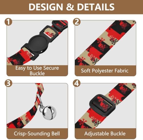 Stripes Skulls Crossbones Lightweight Small Dog Collar, 2 Pack Bell Collar for Small Dogs