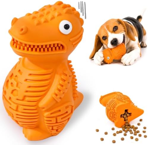 Stuffable Dog Toys for Chewer, Natural Rubber Treat Dispensing Dog Toys, Dog Chew Toy for Medium Dogs, Interactive Puzzle Dog Toy, Tough Dinosaur Treat-Filling, Teething Cleaning, Fetch & Training