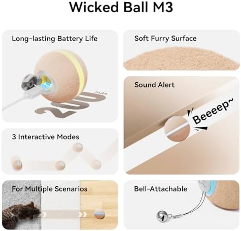 Cheerble Interactive Cat Ball Toy, Wicked Ball M3, Automatic Interactive Cat Toys for Indoor Cats with 3 Modes, Rechargeable Cat Enrichment Toys for Small/Medium/Large Cats to Keep Them Busy