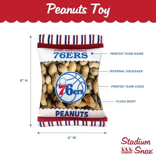 Pets First NBA Philadelphia 76ers Crinkle FINE Plush Dog & CAT Squeak Toy - Cutest Stadium Peanuts Snack Plush Toy for Dogs & Cats with Inner Squeaker & Beautiful Basketball Team Name/Logo