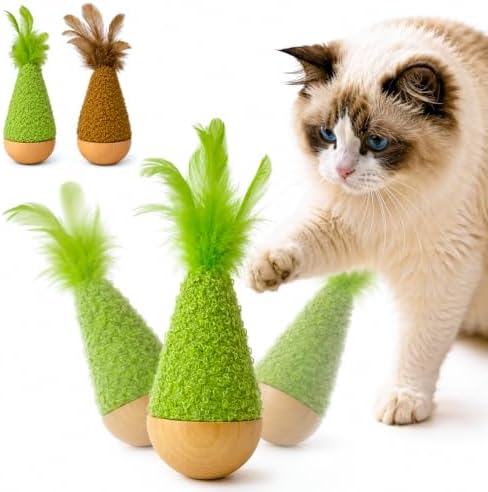 2-Pack Interactive Self-Righting Wobble Cat Toy with Feather, Fluffy Plush Wooden Tumbler for Bored Adult Indoor Cats Silent Self Play Cat Enrichment Toy, Green & Brown