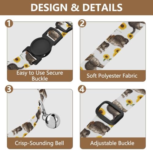 Cats Yellow Sunflowers White Puppy Collar 2 Pack Soft Cat Collar Adjustable Length 10.6" to 17.1"