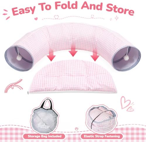 Bunny Tunnel Bed, 2-in-1 Collapsible Rabbit Guinea Pig Hideout, Pink
