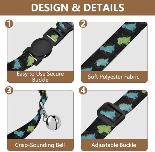 Cute Dino Night Black Metal Bell Included Small Dog Collar 2 Pack Comfortable Cat Collar
