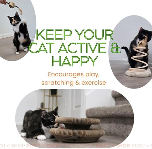 Interactive Cat Toy & Scratcher for Indoor Cats – Foldable Cardboard Cat Scratcher with Spring Toys, Feather Balls & Interactive Play Tower – Kitty Kurlz Enrichment Toy for Kittens and Adult Cats