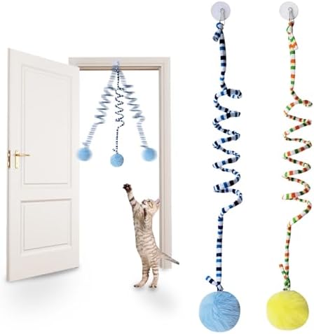 Andiker Cat Spring Toy, Self-Play Stretchable Door Hanging Cat Toy with Bell for Indoor Interactive Cat Toy, Soft Plush Ball with Spring Kitten Toy for Cat Kitten Playing Exercising (Yellow+Blue)