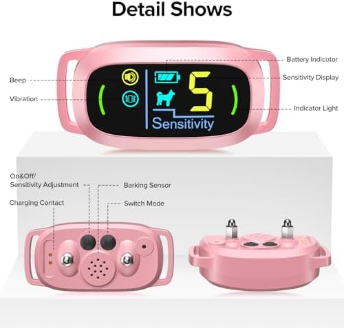 FAFAFROG Dog Bark Collar, Rechargeable Smart Collar, Anti Barking Training Collar with 5 Adjustable Sensitivity Beep Vibration, Bark Collar for Large Medium Small Dogs(Pink)