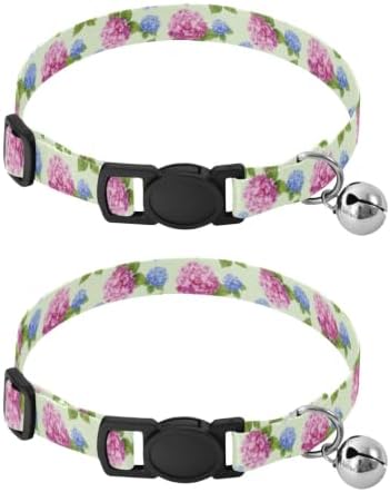 Watercolor Hydrangea Flowers Collar for Cats, 2 Pack Cat Collar Breakaway with Bell