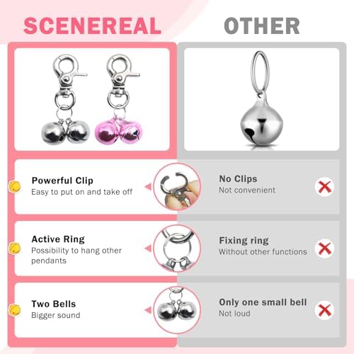 SCENEREAL Bells for Dog Collars - 2 Pack Pet Hanging Ring Bell Accessories for Dog & Cat, Pet Pendant Collar Charm with Heavy Duty Snap Clips, Sliver Bells for Tracking and Training Christmas Gift