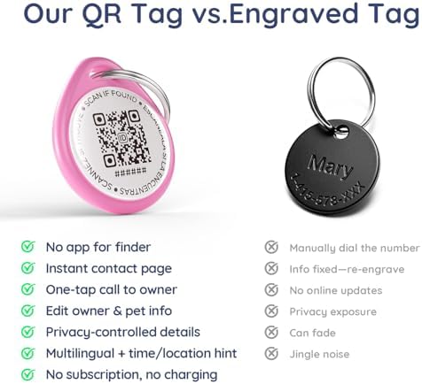 QR Code Dog Tag and Cat Tag, Scan to Reunite Faster, Waterproof and Durable, Lightweight and Quiet, Updatable Contact Info, Red and Pink, 2 Tags in 1 Pack