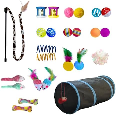 PetLike 25pcs Interactive Cat Toys Set Collapsible Cat Tunnel Interactive Feather Teaser Wand,Spring Toys & Balls for Indoor Cats (Black, 25x55cm)