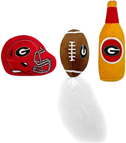 BEST PLUSH CAT TOY - NCAA GEORGIA BULLDOGS Complete Set of 3 piece Cat Toys filled with Fresh Catnip. Includes: 1 Helmet Cat Toy, 1 Football Cat Toy with Feathers & 1 Beer Bottle. Beautiful Team LOGOS