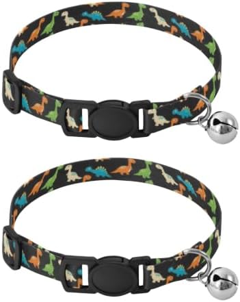 2 Pack Cats Collar Cute Dino Party Black Kitten Collar with Bell, Adjustable 10.6 to 17.1 Inches