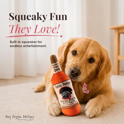 Dog Diggin Designs Captain Muttgan Plush Dog Toy | Luxury-Inspired Parody Captain’s Rum Dog Toy with Squeaker, Soft Plush Novelty Dog Toy – Shaken, Not Stirred!