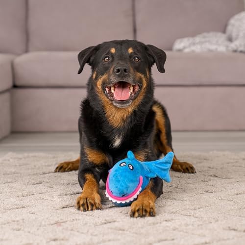 goDog Action Plush Shark Animated Squeaky Dog Toy with Chew Guard Technology, Durable Fabric and Wiggling Tail & Squeaker for Active Play, Blue, One Size