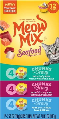 Meow Mix Seafood Favorites Chunks in Gravy Wet Cat Food Variety Pack, 2.75 Ounce (Pack of 48)