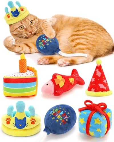 CiyvoLyeen Plush Birthday Catnip Toys for Indoor Cats 6 Pack