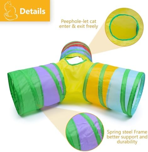 3 Way Cat Tunnel Collapsible Fun Pet Play Tube Toys for Cats, Kittens, Puppies & Rabbits - Portable Tunnel with Hanging Ball for Indoor Play, Hideout & Exercise