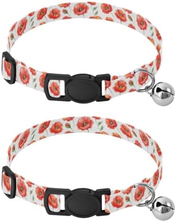Red Poppy White Adjustable Buckle Cat Collar 2 Pack Dog Collars for Small Dogs