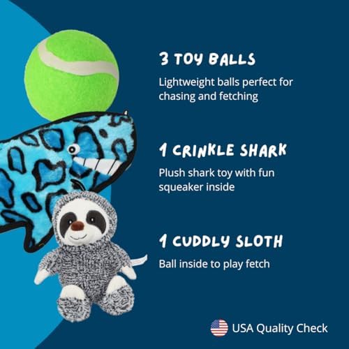 5-Pack Sloth and Shark Dog Squeaky Toys – Interactive Plush Set with 3 Tennis Balls – Durable Enrichment Chew Toys for All Dog Sizes