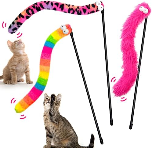 Cat Wand Toys with Bright Furry Critter Tails and Bells, 3-Pack