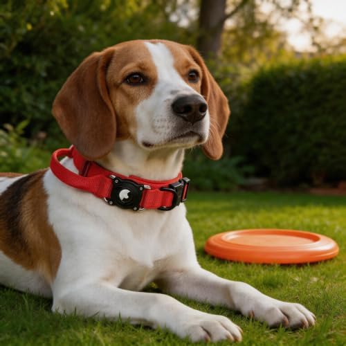 Tactical AirTag Dog Collar Waterproof with QR ID Tag, Military Training Dog Collar with Built-in AirTag Holder, Strong Metal Buckle & Control Handle, GPS Tracking Collar for Medium Dogs (Red, M)