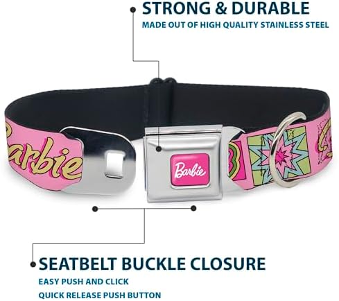Mattel Pet Collar, Dog Collar Metal Seatbelt Buckle, Barbie Smart Beautiful Strong Icons Pink Multi Color, 15 to 24 Inches 1.0 Inch Wide