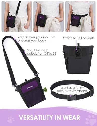 Gobeigo 4 Cup Dog Treat Pouch with Silicone Insert Bag& Clicker(Purple)