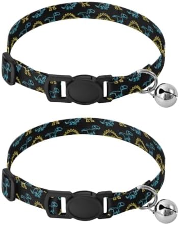 Colorful Neon Dinosaurs Black Metal Bell Included Cats Collar 2 Pack Collar for Cats