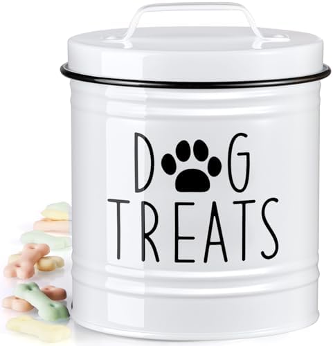 OUTNILI Large Dog Treat Container Airtight - 6.6" Tall X 6" Round White Dog Treat Jar for Kitchen Counter - Rustic Treat Storage Canister for Dogs, Cats, Small Animals - Gifts for Pet Owners