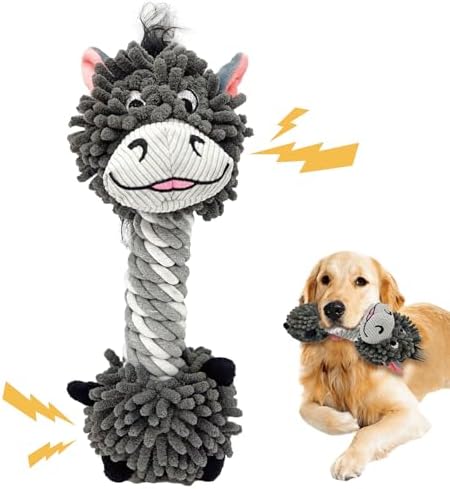 11.02 Inch Grey Donkey Mop Squeaky Dog Toy with Rope Neck, Plush Chew Toy for Puppy Teething, Interactive Tug of War Toy for Small Medium Large Dogs