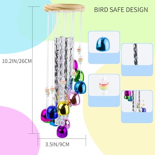 FlidRunest Bird Toys, Conure Wind Chimes Chewing Toy with Colorful Stick, Parakeet Toys 4 Aluminum Tubes 11 Bells, Parrot Cage Windchime Hanging Bells Toys for Conure, Parakeet, Cockatiel